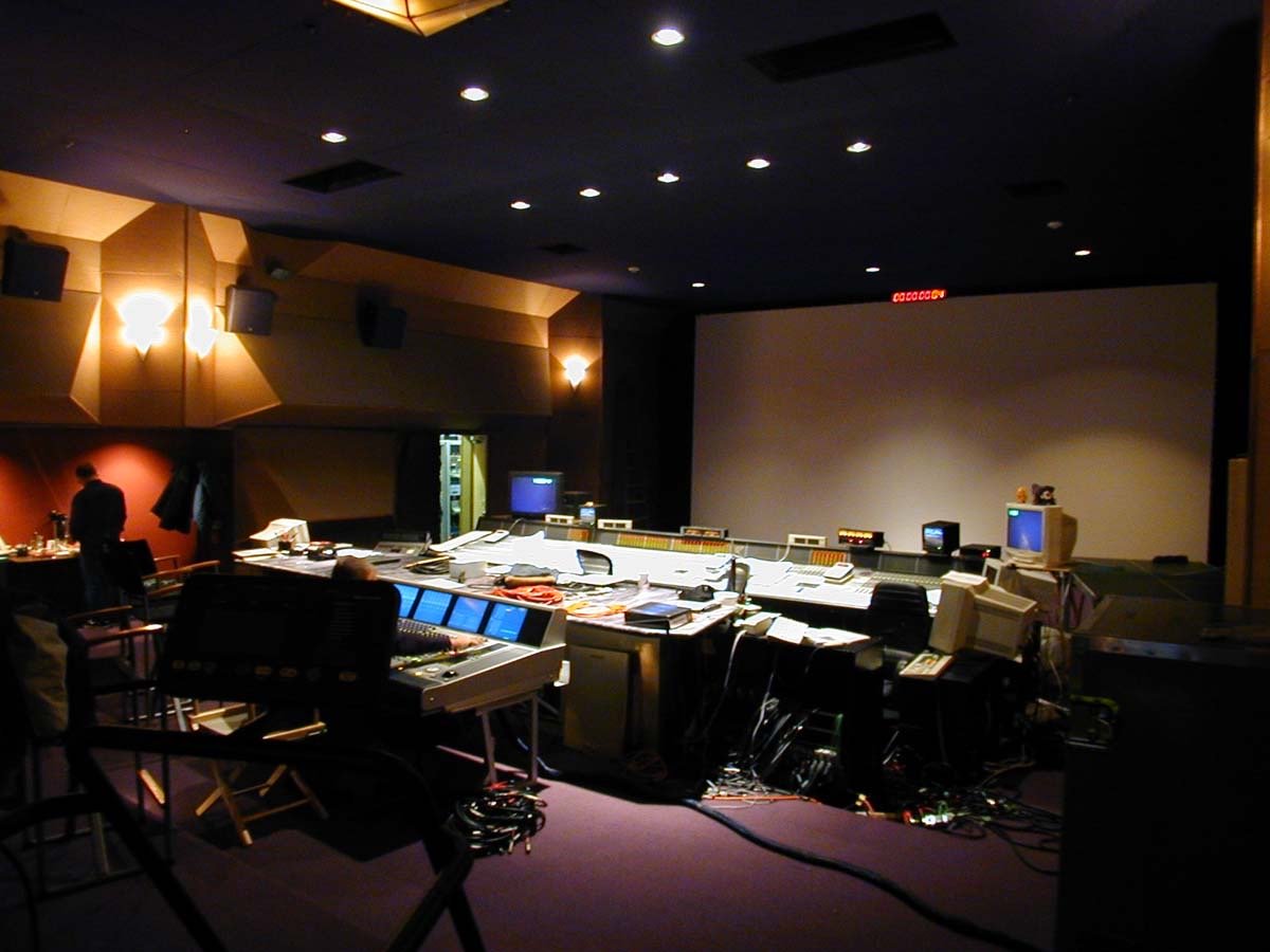 Los Angeles post-production mix stage with theater seating and professional monitoring environment.