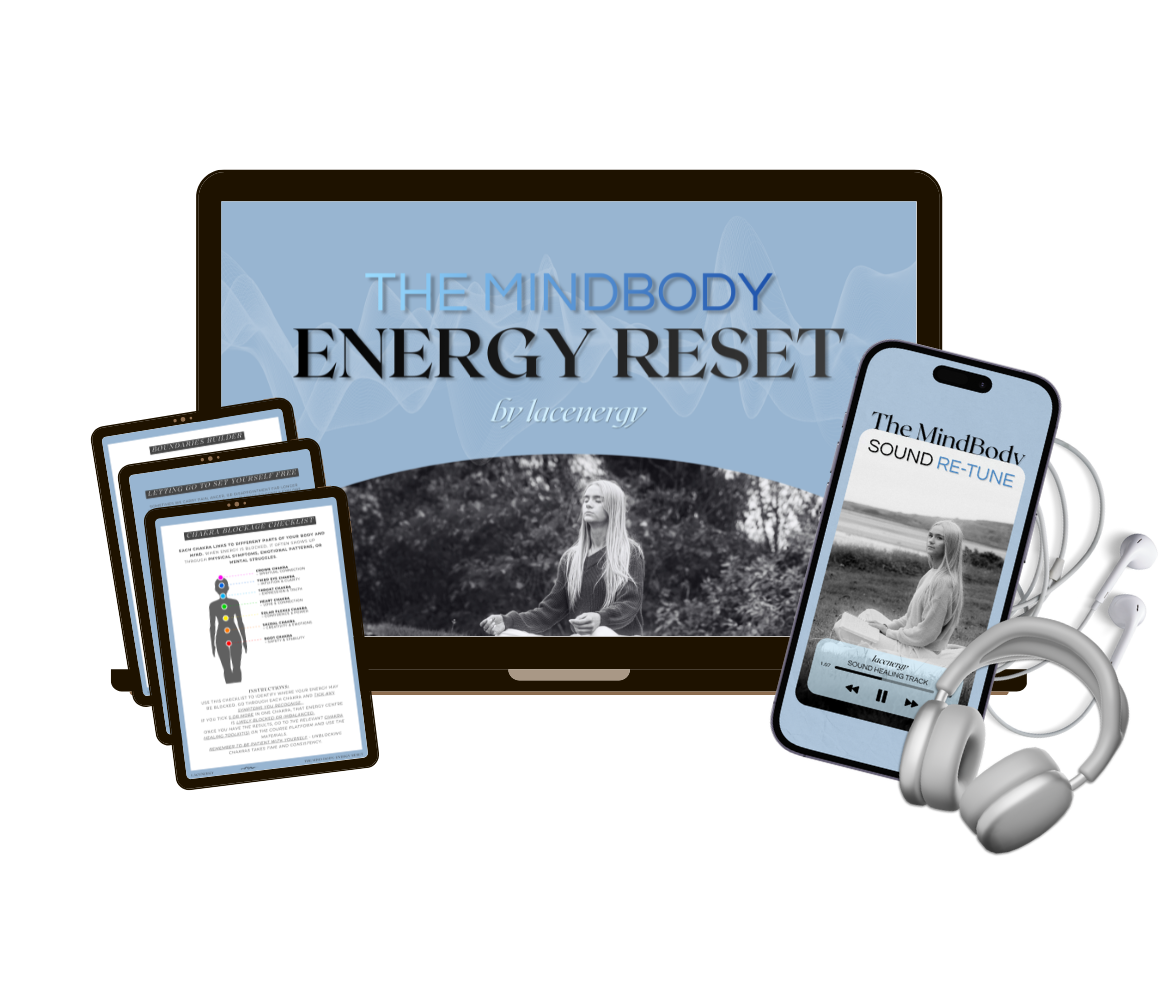 Digital product packaging titled 'The MindBody Energy Reset' by lacenergy. Includes a smartphone with a music track, a pair of headphones, and several pamphlets or cards with information and charts, all related to guided meditation or energy healing.