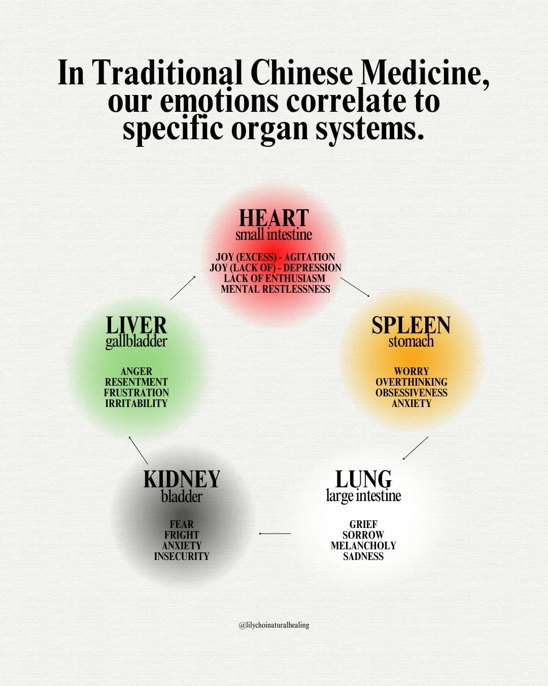 Diagram showing the correlation between emotions and specific organ systems in traditional Chinese medicine, including the heart with emotions like joy and depression, liver with anger and frustration, spleen with worry and anxiety, kidney with fear and insecurity, and lungs with grief and sadness.