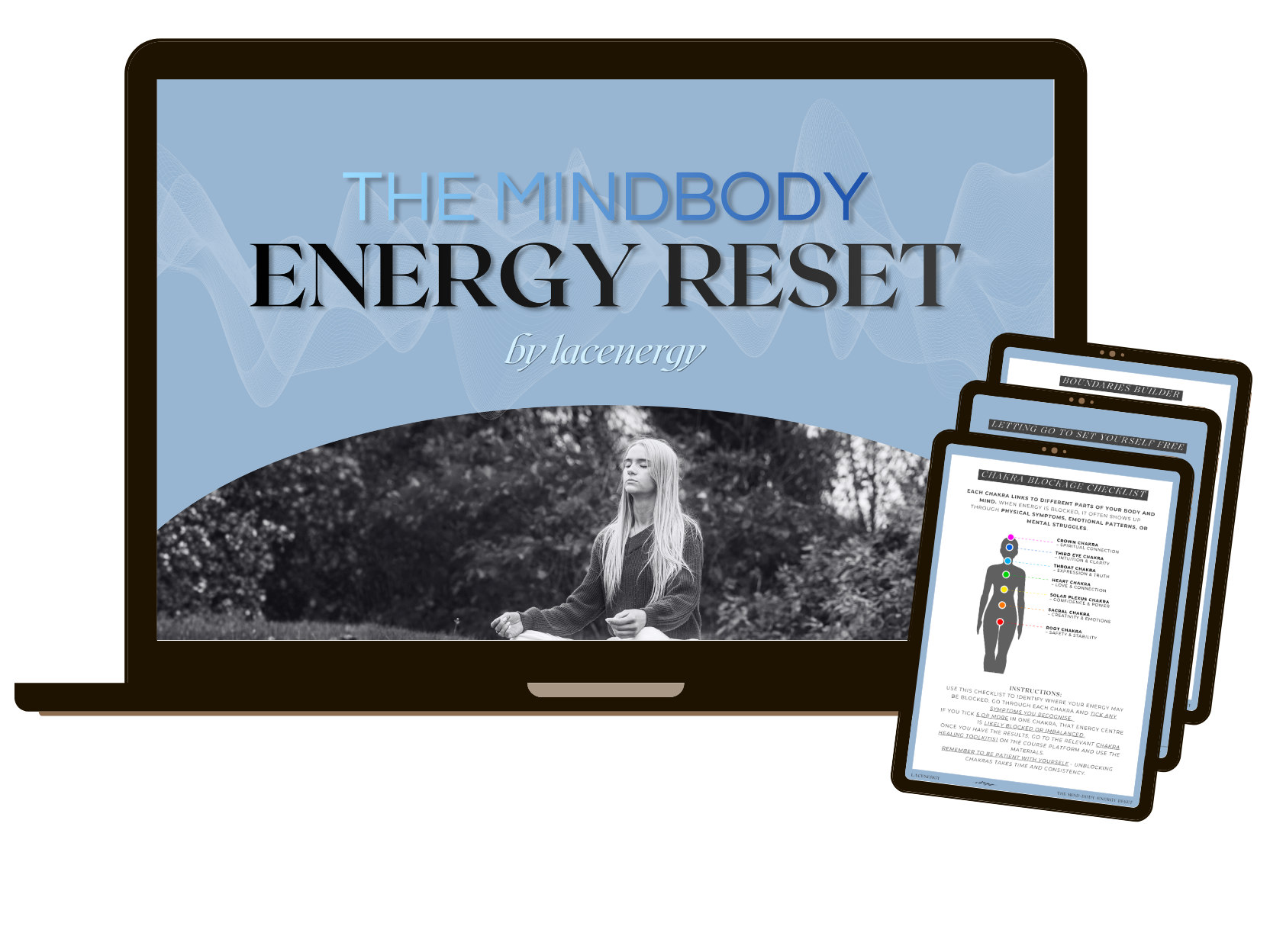 A laptop and a mobile device display a webpage titled 'The Mindbody Energy Reset by lacenergy,' showing a woman in a meditation pose and an illustration of human chakras with their descriptions.
