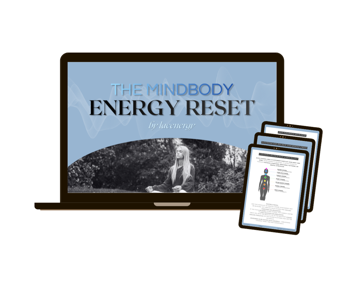 Digital course titled "The Mindbody Energy Reset" displayed on a laptop screen, with three smaller screens showing related content, possibly mobile devices.