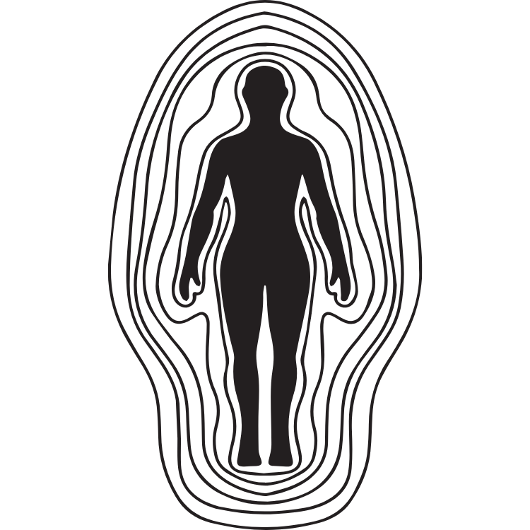 Black and white minimalist silhouette of a human body with concentric lines radiating outward, symbolising  their energetic aura.