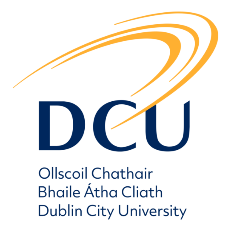 Dublin City University logo with swooping orange lines and the acronym 'DCU'; below it, the full name 'Dublin City University' in blue text.