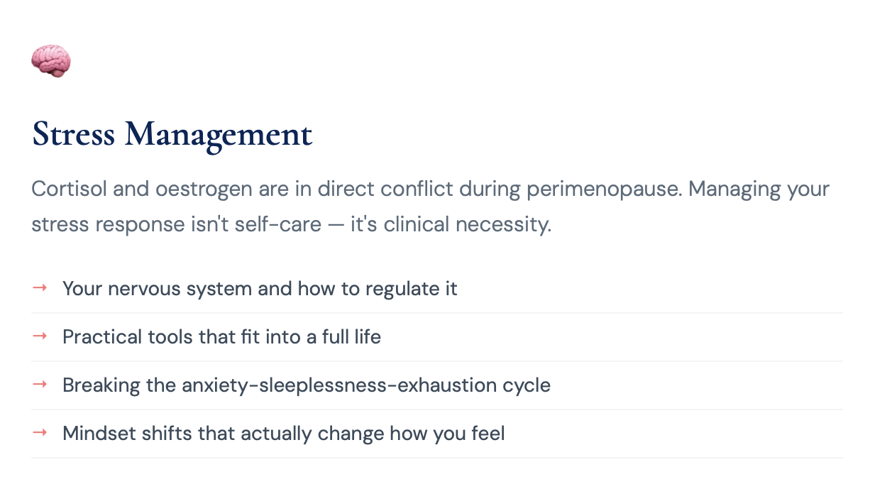 A webpage titled 'Stress Management' discussing cortisol and estrogen conflict during perimenopause, with bullet points on regulating the nervous system, practical tools, breaking cycle of anxiety and exhaustion, and changing mindset.