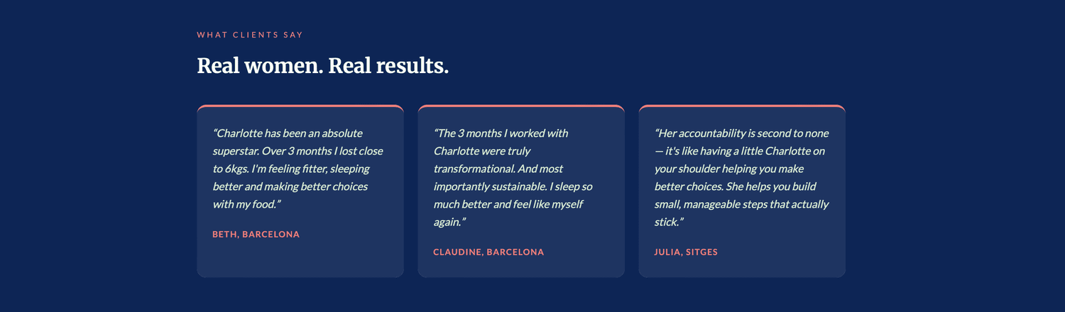 Testimonials from women in Barcelona and Sitges about their menopause coaching with Charlotte