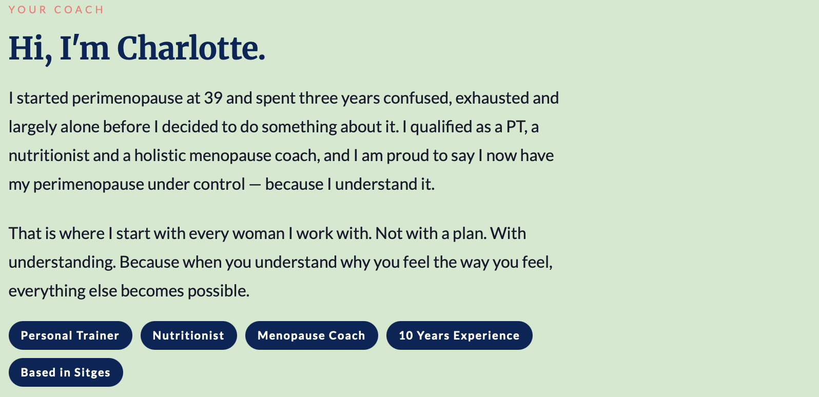 Introduction section of Charlotte's coaching website with a mint green background, showing her name and background story, with five navigation buttons labeled Personal Trainer, Nutritionist, Menopause Coach, 10 Years Experience, and Based in Sitges.