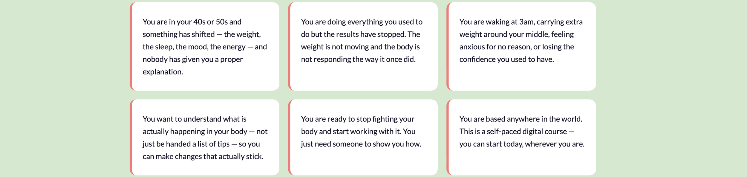 Six white text boxes with rounded corners and red borders on a light green background, containing motivational or informational messages about body awareness and self-improvement.