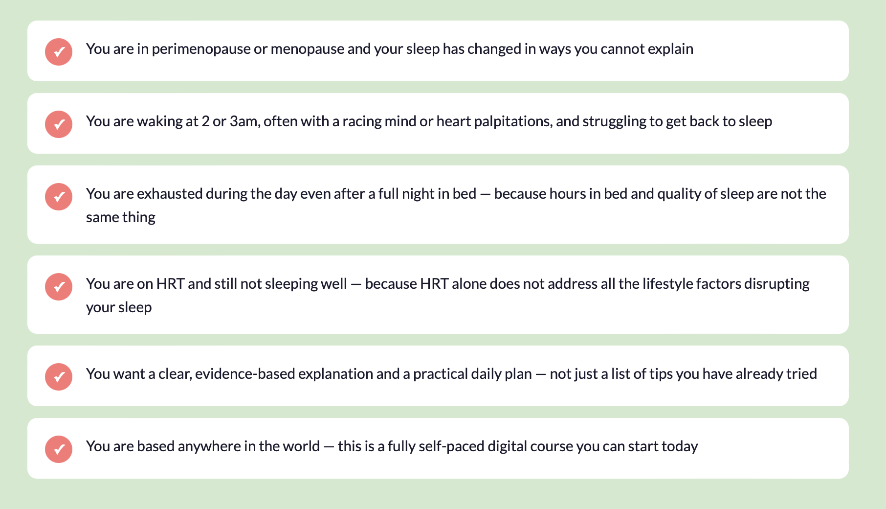 List of five health-related statements with red checkmarks, about menopause, sleep patterns, daytime fatigue, sleep issues related to HRT, and self-paced digital course.