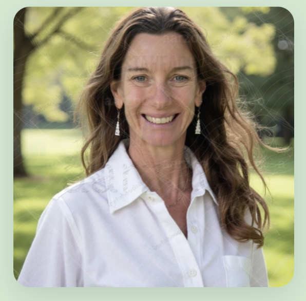 Woman with long brown hair smiling outdoors, wearing a white collared shirt and earrings, with trees and sunlight in the background.