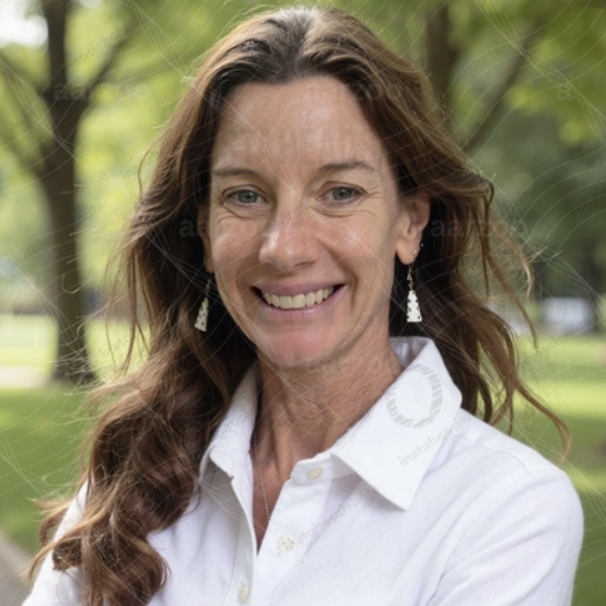 Smiling woman with long, wavy brown hair, wearing a white collared shirt and earrings, standing outdoors with green trees in the background.