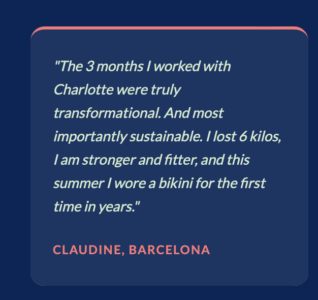 Quote about positive health transformation, weight loss, and confidence, attributed to Claudine from Barcelona, on a dark blue background with pink accents.