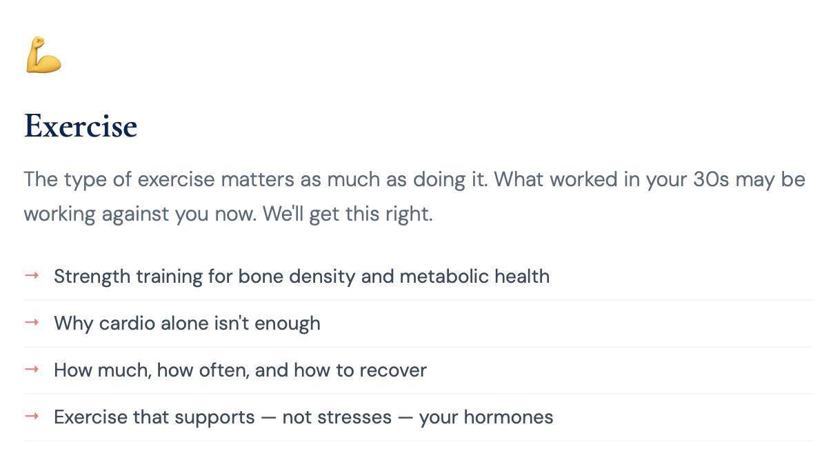 A webpage about exercise with a flexed arm emoji at the top left corner. The page discusses the importance of strength training, cardio, recovery, and hormone support for health.
