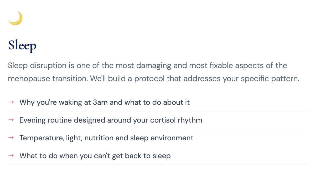 A webpage section about sleep with a crescent moon icon, the title 'Sleep', and four bullet points on sleep topics such as waking at 3am, evening routines, environment, and tips for insomnia.