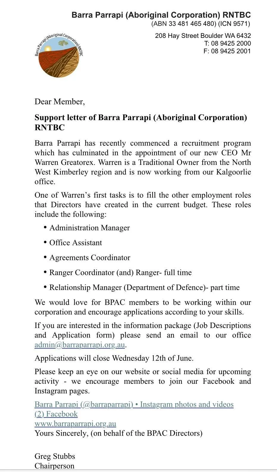 Support letter of Barra Parrapi Aboriginal Corporation RNTBC -Recruitment Program. 
Interested respond to email address. This is only Information post for members.