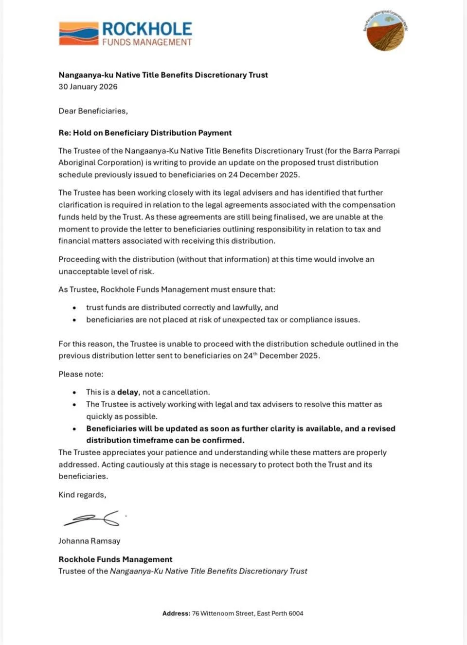 See attached letter emailed to members from Trustee