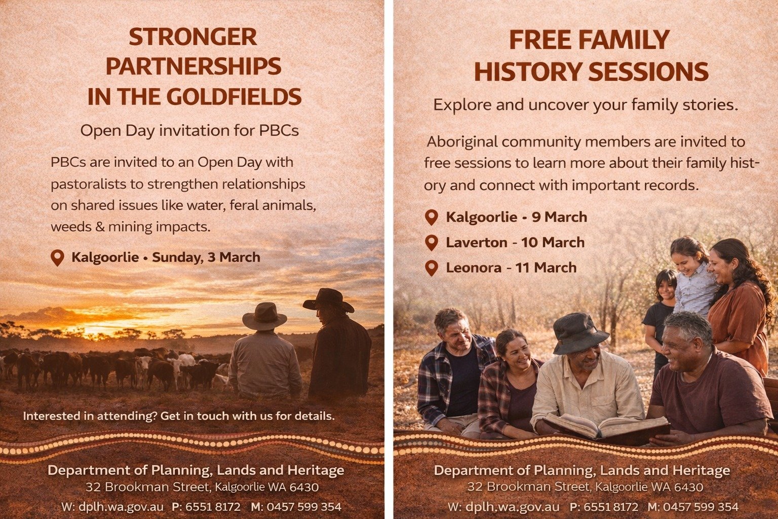 Barra Parrapi Aboriginal Corporation is sharing the following external events for member awareness:

&bull; Goldfields Nullarbor Rangelands Biosecurity Association Open Day &ndash; Kalgoorlie, 3 March
&bull; Free Family History Sessions &ndash; Kalgo