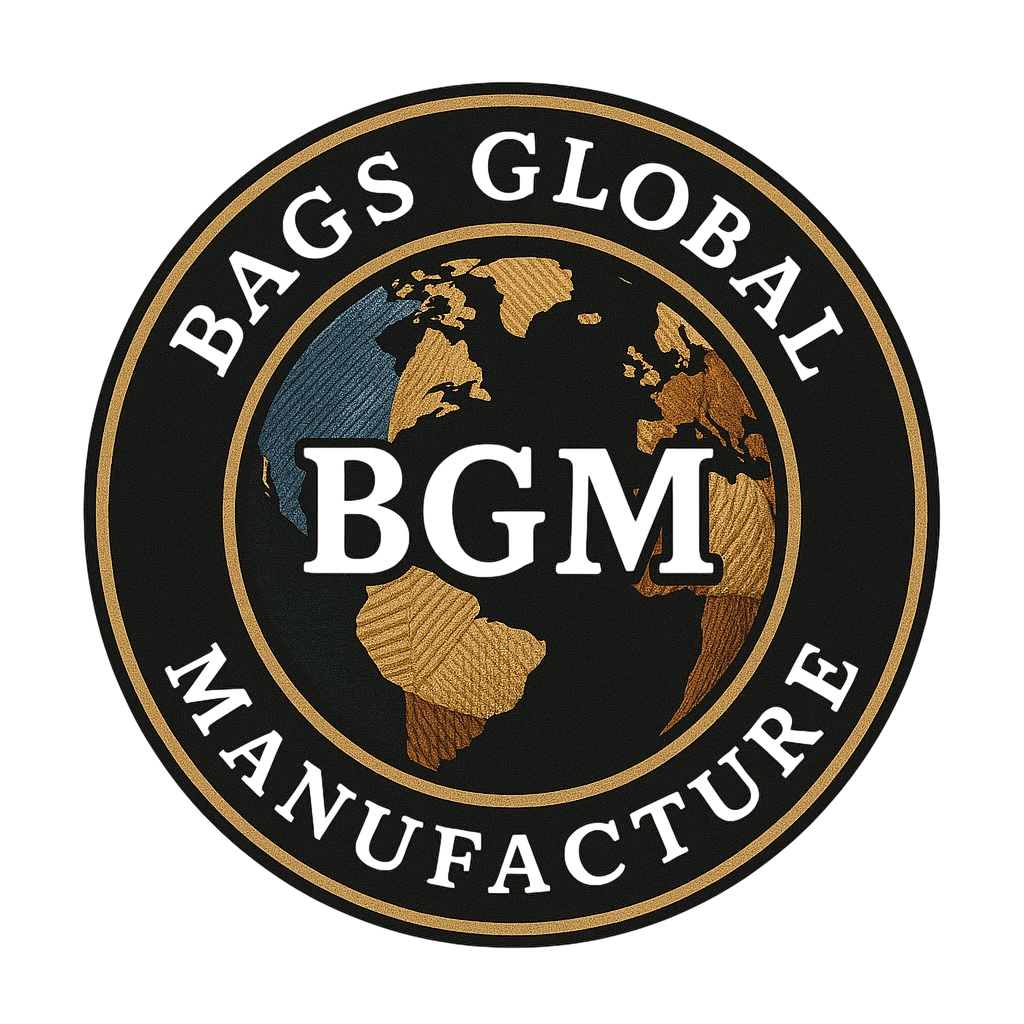 A circular logo with a gold and black color scheme. It features a globe with continents in gold and blue, and the text 'BAGS GLOBAL' at the top and 'MANUFACTURER' at the bottom. In the center, the letters 'BGM' are prominently displayed.