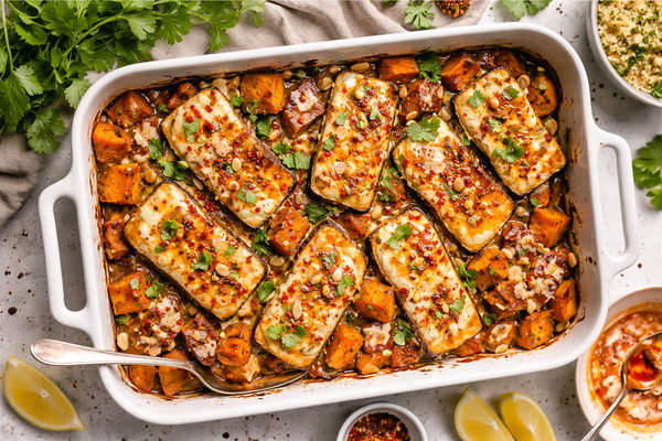 Halloumi grillé au miel, patates douces rôties aux épices et tahini à l'harissa