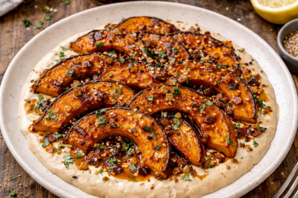 Tranches de Potimarron à la Garlic Crunch Oil Hot Jalapeño sur lit de Tahini