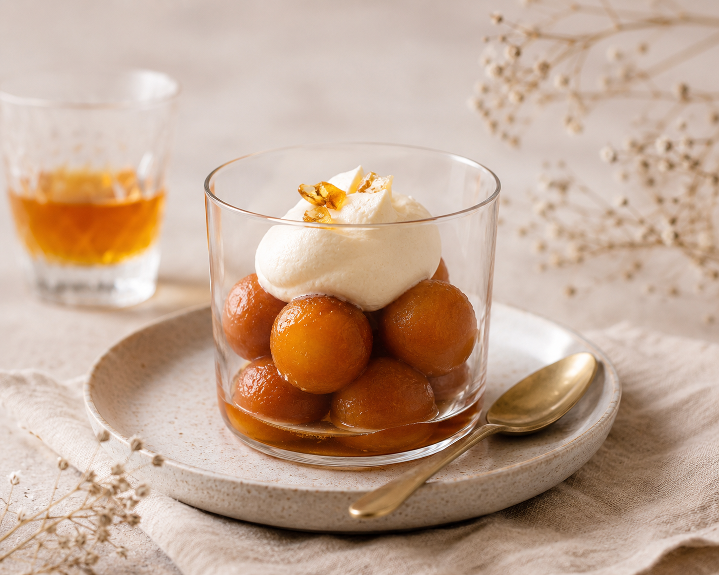 Billes de baba au rhum, mousse de liqueur au rhum et éclats croquants