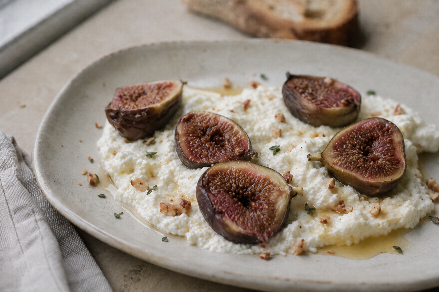 Figues rôties au miel et au thym, ricotta fouettée et noisettes