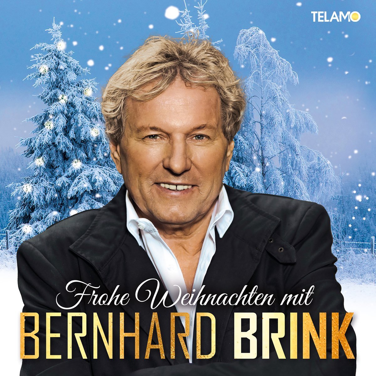Porträt von Bernhard Brink vor verschneiten Weihnachtsbäumen und Schneefall, mit Text 'Frohe Weihnachten mit Bernhard Brink' und dem Logo von TELAMO.