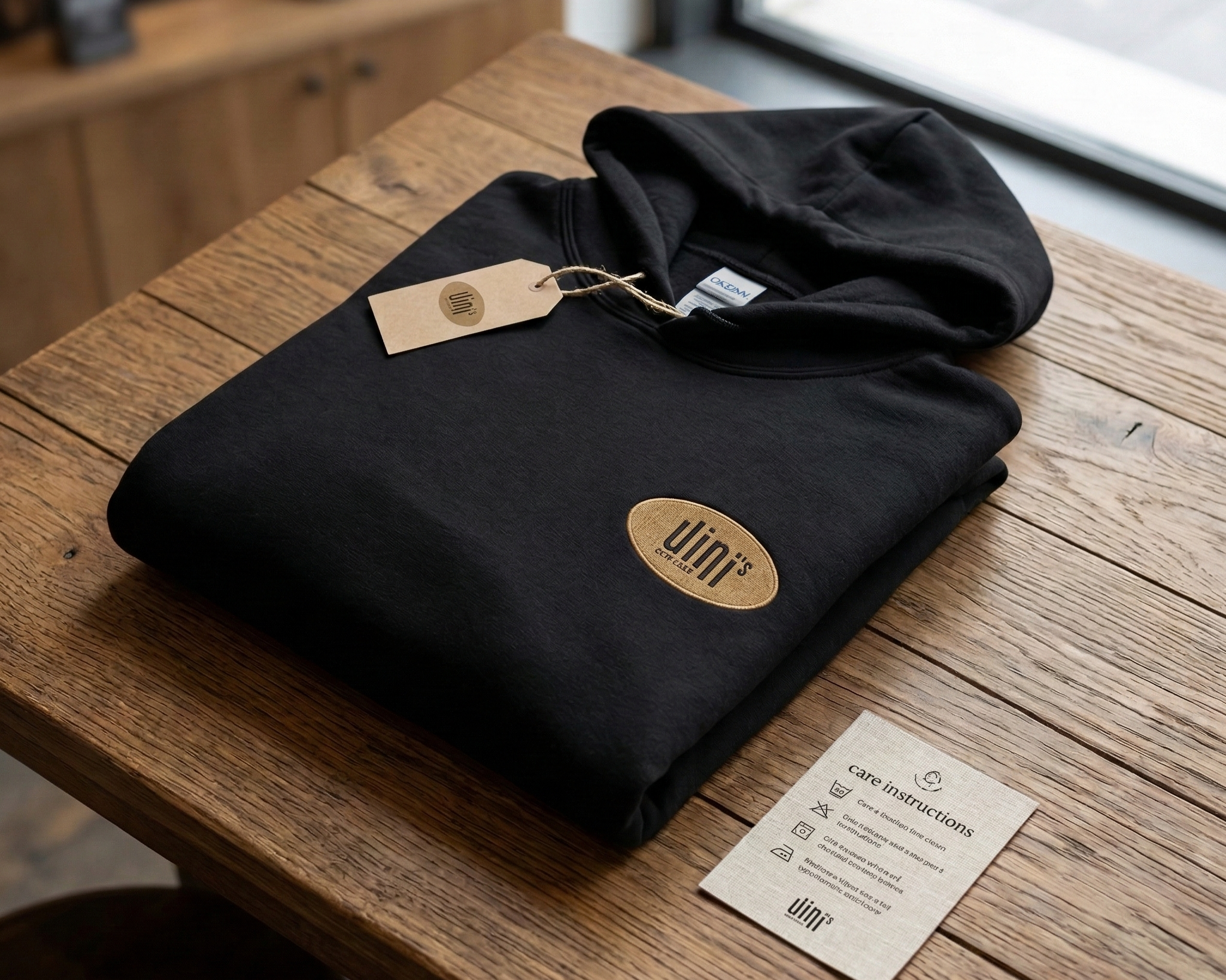 Une veste noire à capuche pliée sur une table en bois, avec une étiquette en cuir beige portant le logo 'djin'. À côté, une notice d'entretien et un autre tag en papier.
