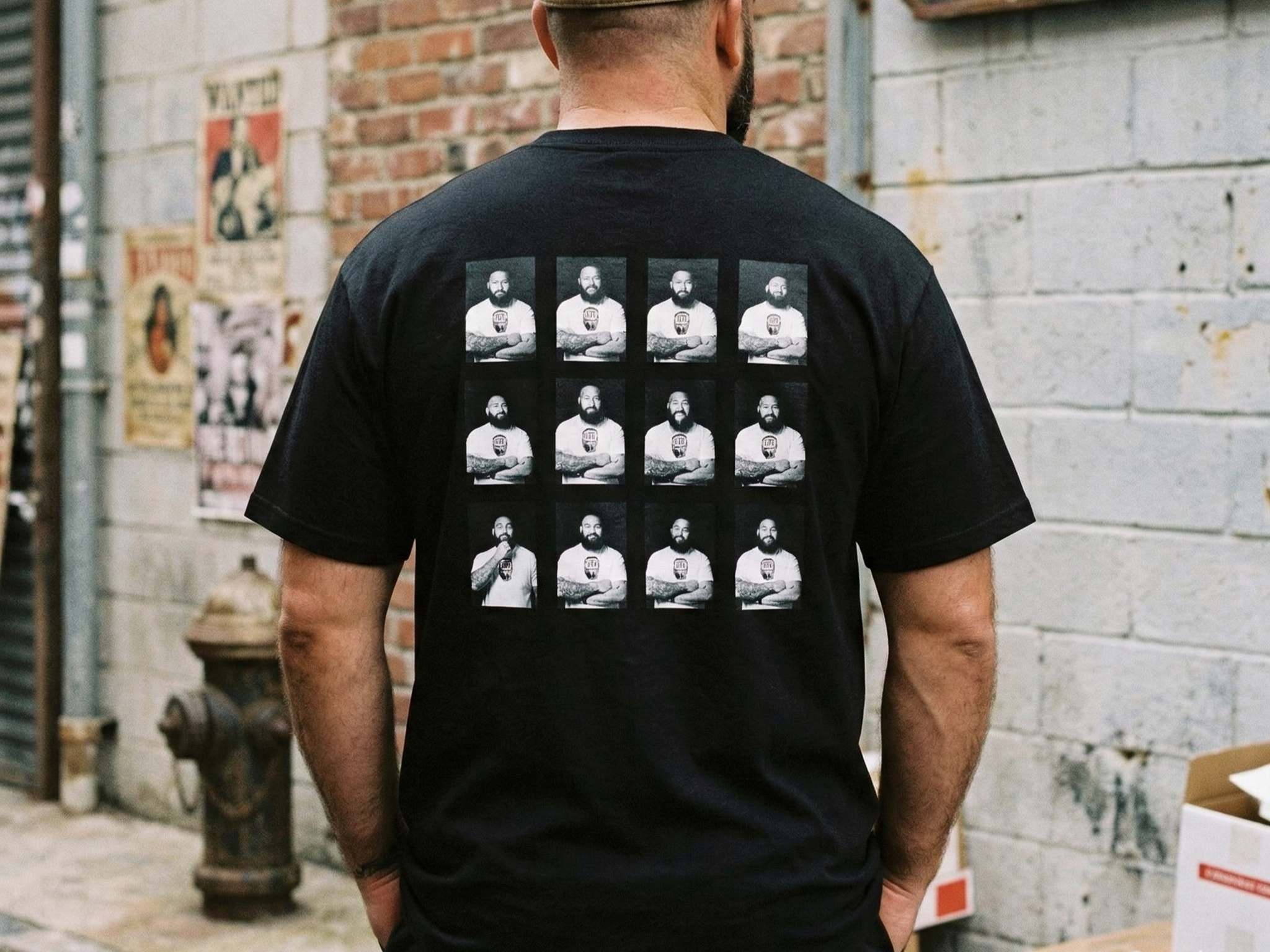 Un homme porte un t-shirt noir avec une grille de neuf photos en noir et blanc d'une personne avec une barbe, tenant une bière et portant un maillot distinctif, dans un environnement urbain avec un mur de briques en arrière-plan.