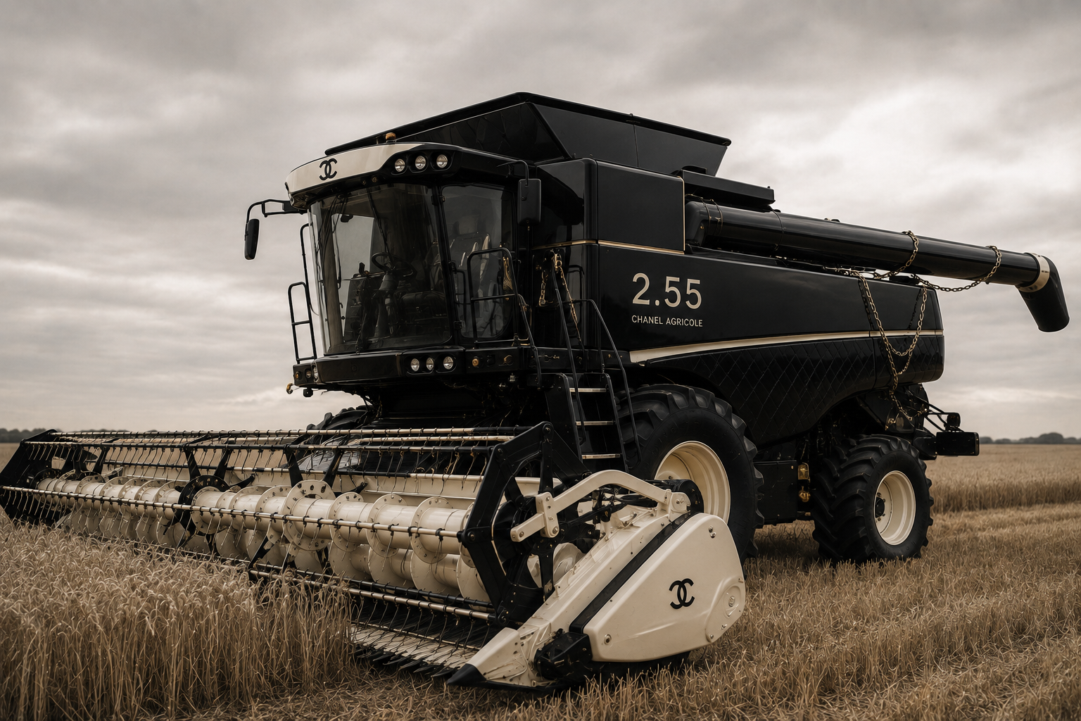 A large black combine harvester in a wheat field under cloudy sky, branded with Chanel-inspired details.