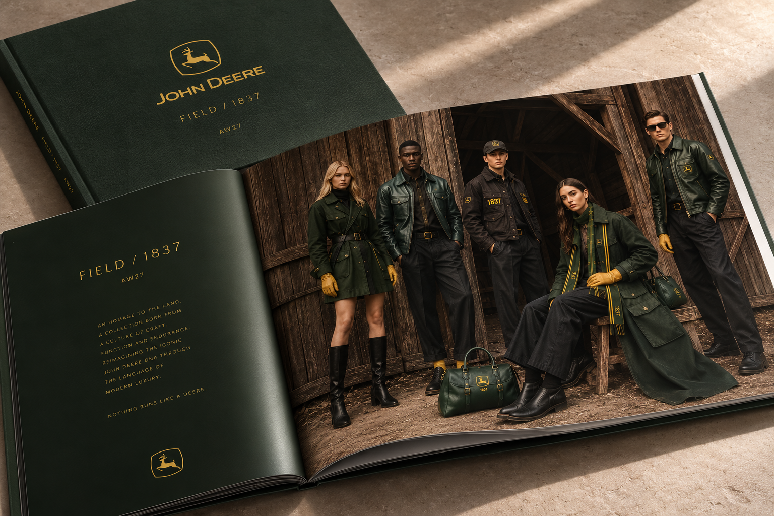 Open magazine featuring a John Deere themed fashion photoshoot with five models dressed in green and black outdoor apparel, in front of a wooden structure.