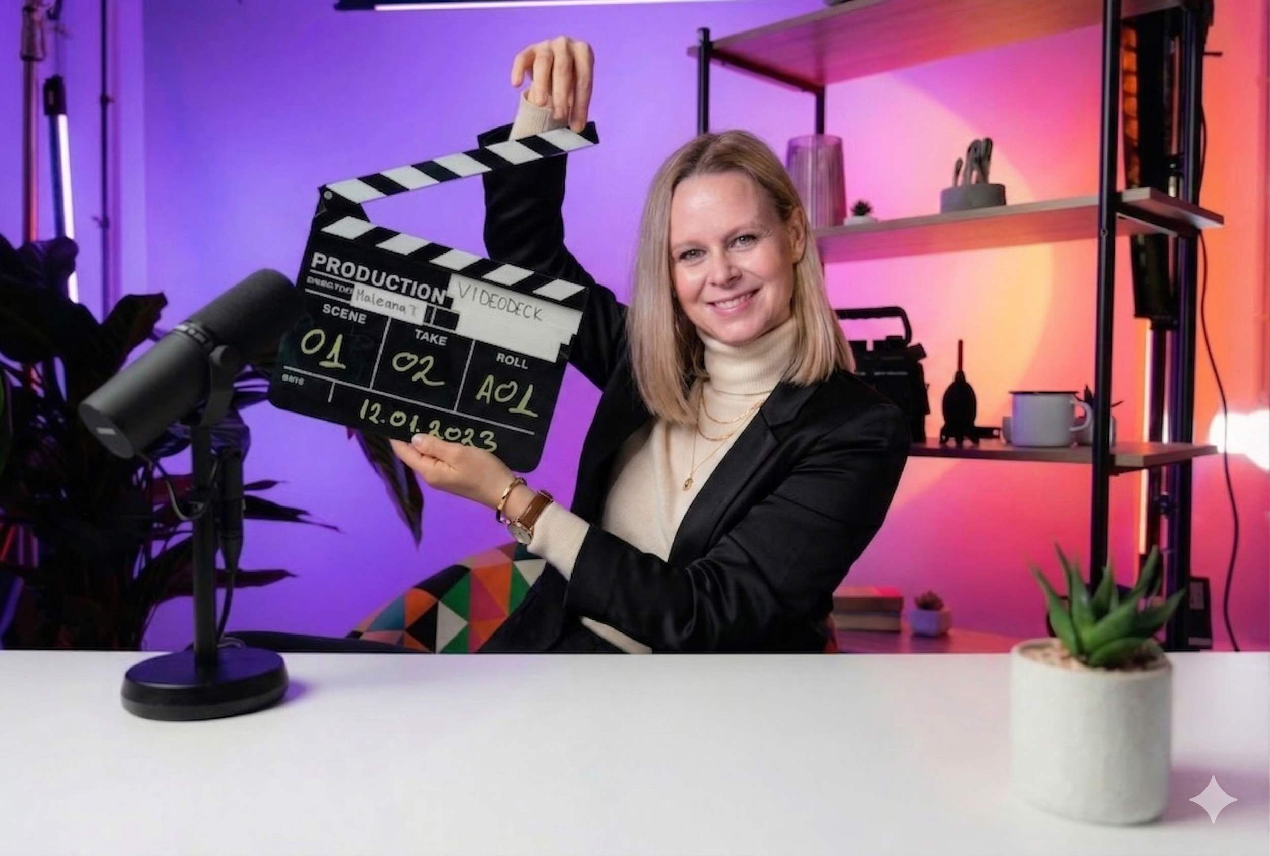 A woman sitting at a table holding a film clapboard that reads 'Videodeck' and 'Scene 01, Take 01, Roll 01.' She is smiling at the camera, wearing a black blazer and a cream turtleneck, with a microphone on a stand in front of her. The background features colorful lighting, shelves with decorative items, and a potted succulent plant on the table.