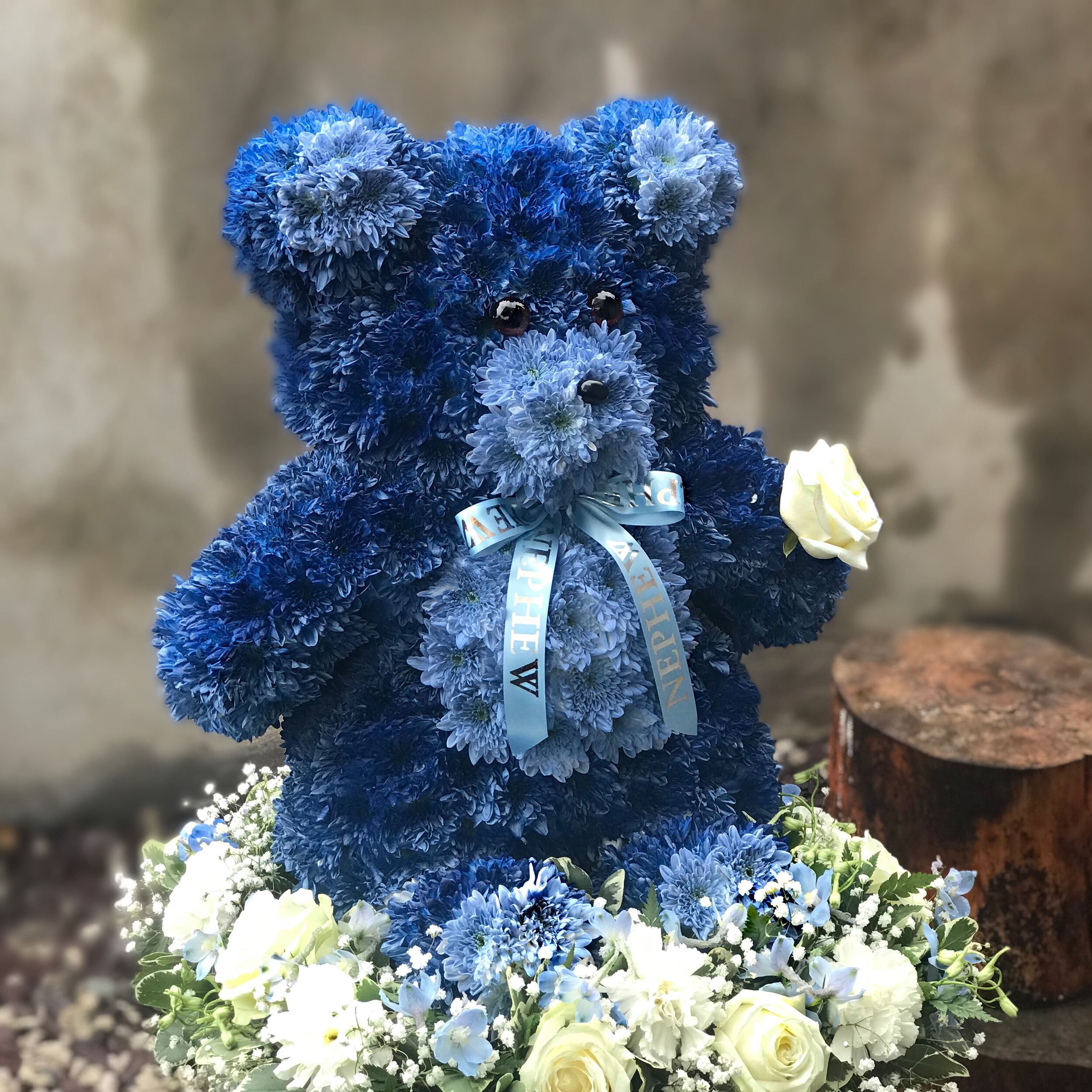 "3D Teddy..." made up of Chrysanthemums, sat on a garden flower cushion