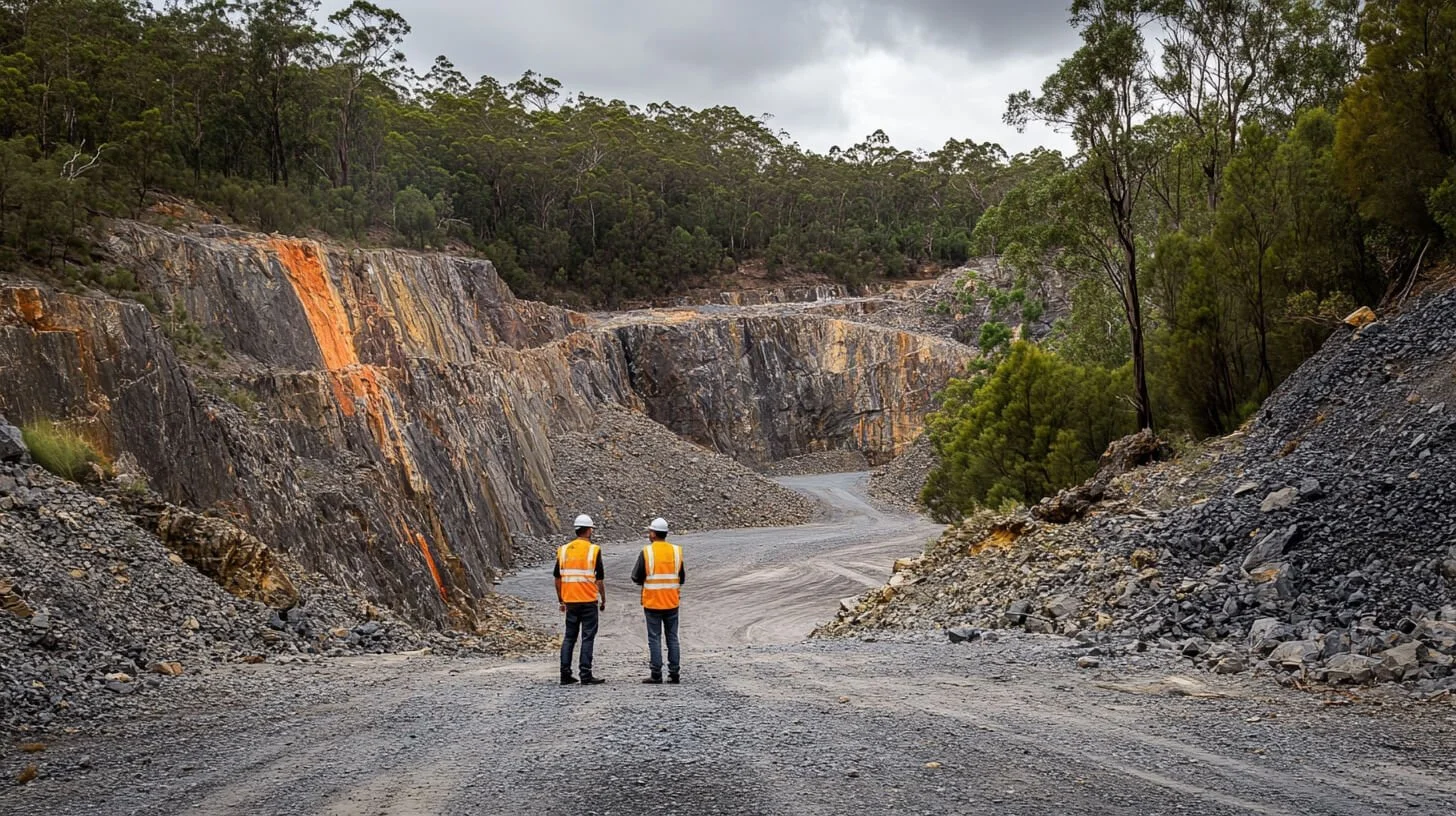 A photo of a basalt mine with two men in high-vis vests standing in front of it showcasing our hydrogeological consulting services