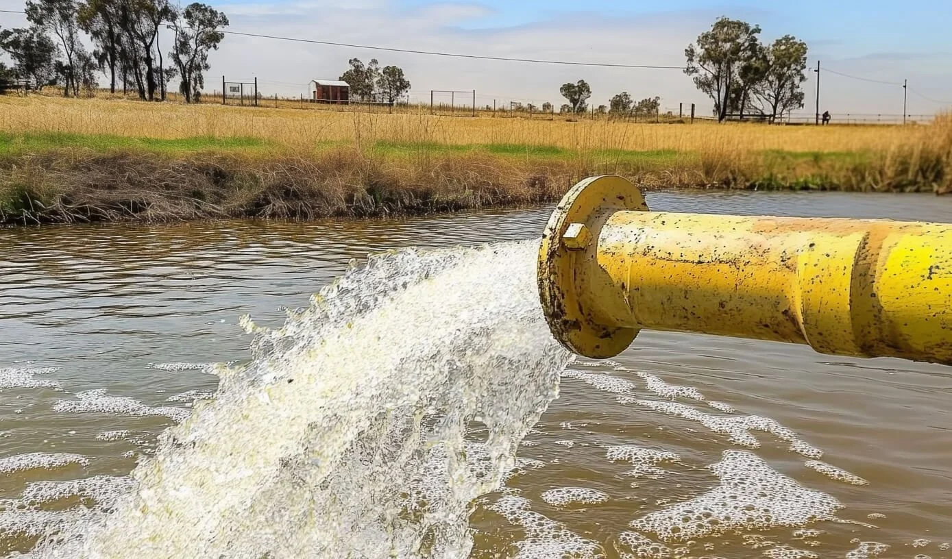 A photograph of a yellow pipe with water rushing out of it into a dam in farmland representing our project management services