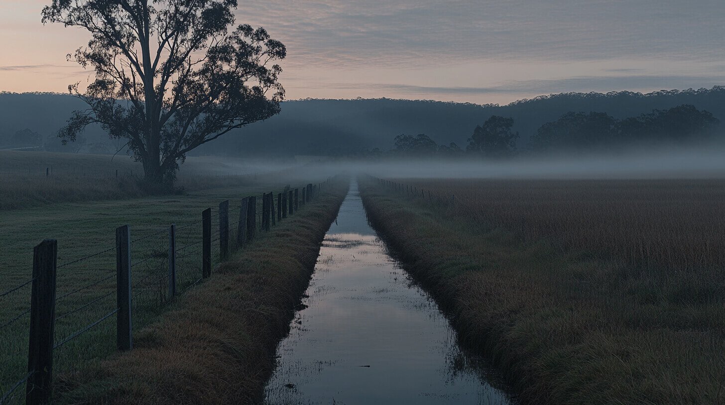 A photograph of an irrigation channel at dawn in Australian farmland with hills in the background