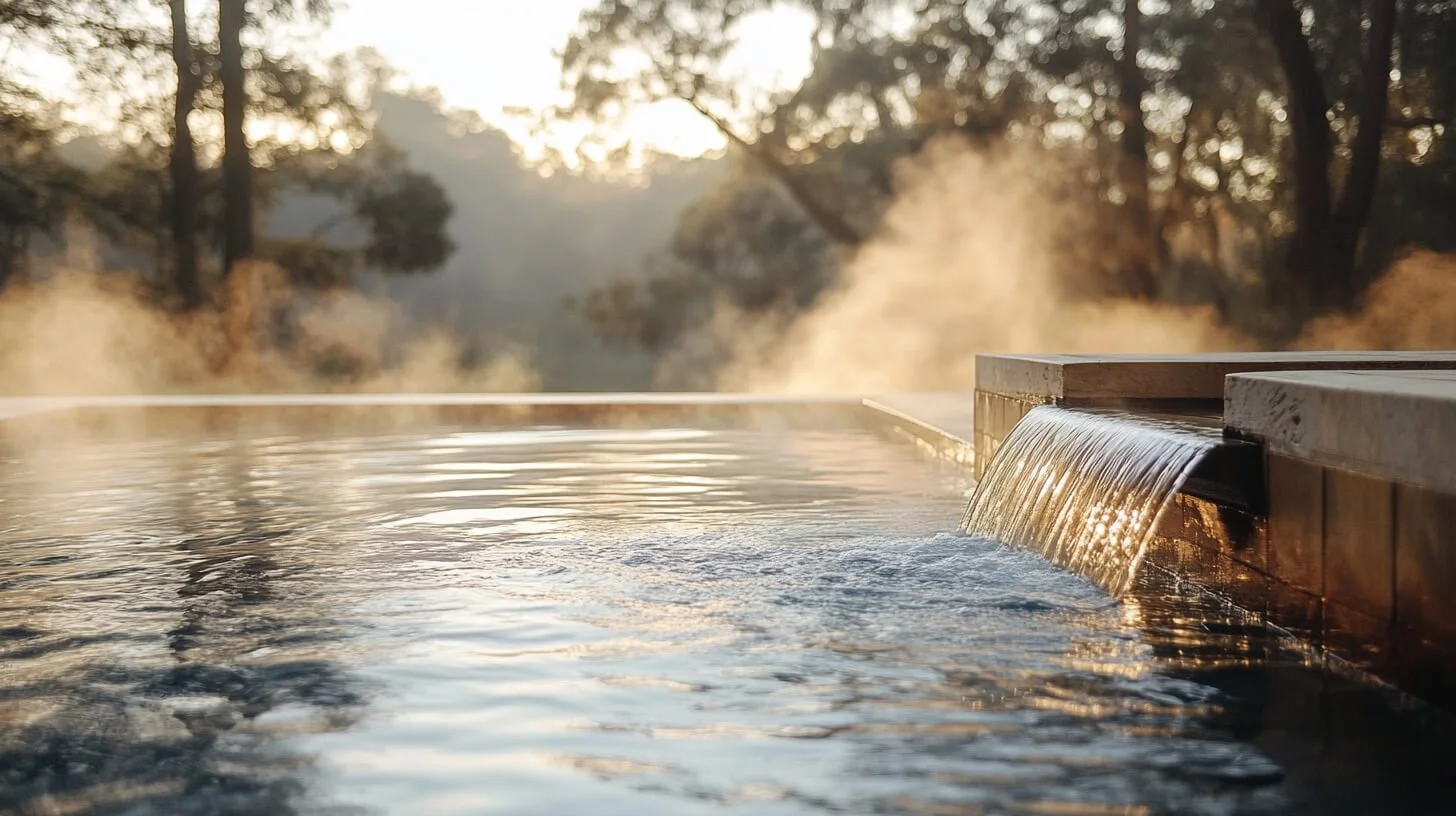 An artistic photograph of a small waterfall flowing into a thermal spring. In the background is an out of focus backdrop of Australian bushland.