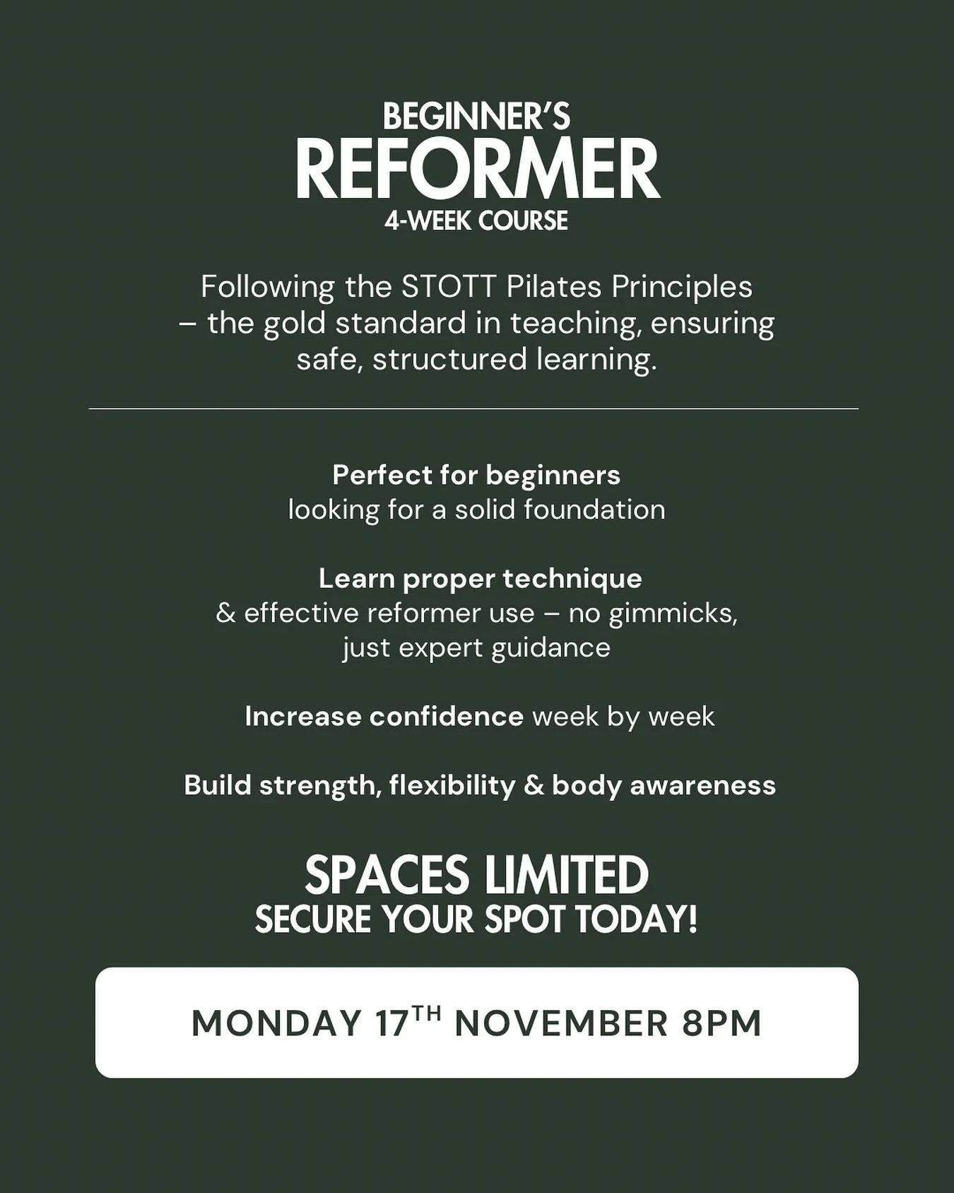 Ready to start your Reformer Pilates journey?
Join our 4-Week Beginner Reformer Course at The Loft &mdash; built on the STOTT Pilates principles for safe, intelligent movement and expert guidance.
Ideal for complete beginners or anyone wanting to ref