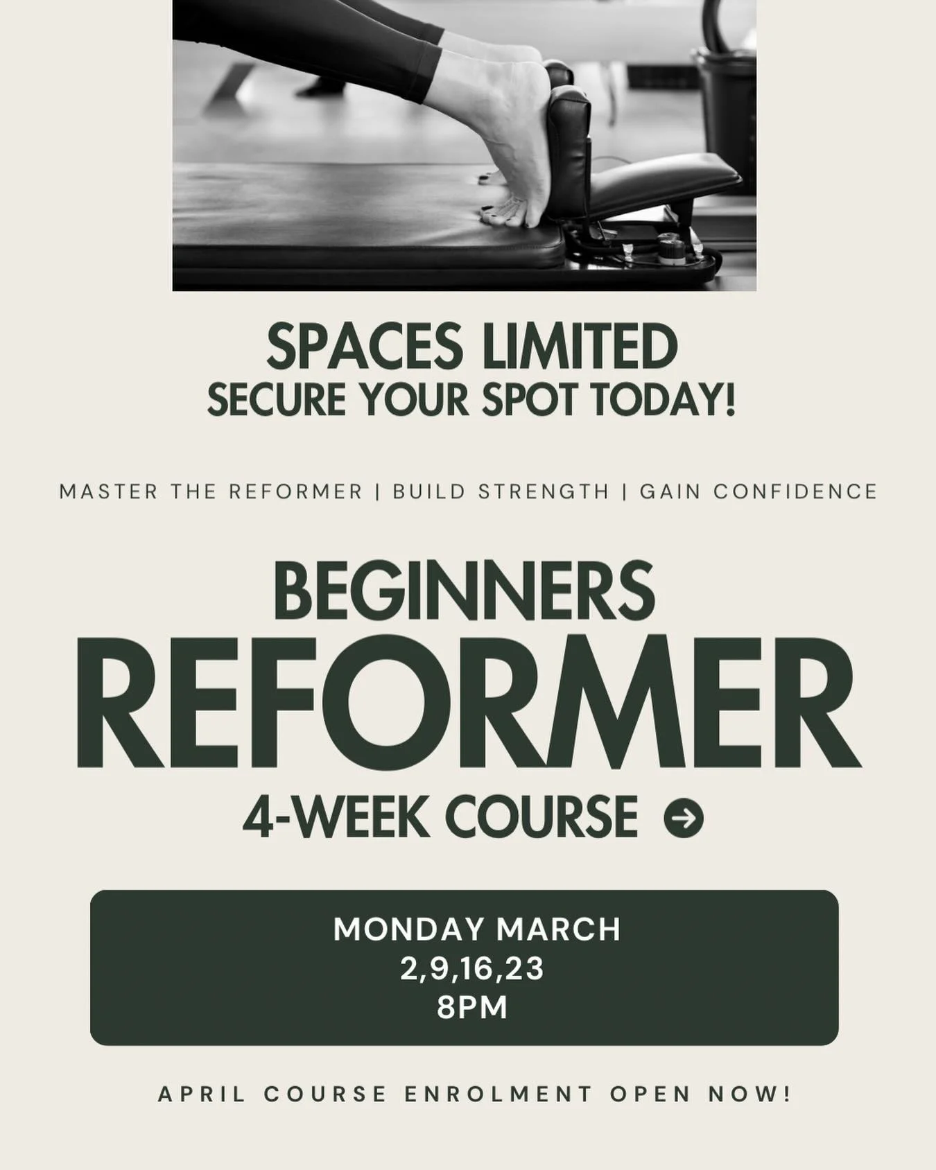 Our next Beginners 4 week STOTT reformer course starts on March 2nd.  Learn the@method safely over 4 weeks. Expert tuition and small fully attentive class.  Follow link https://momence.com/l/P0hWxn5K.  #refomer #pilates #theloft