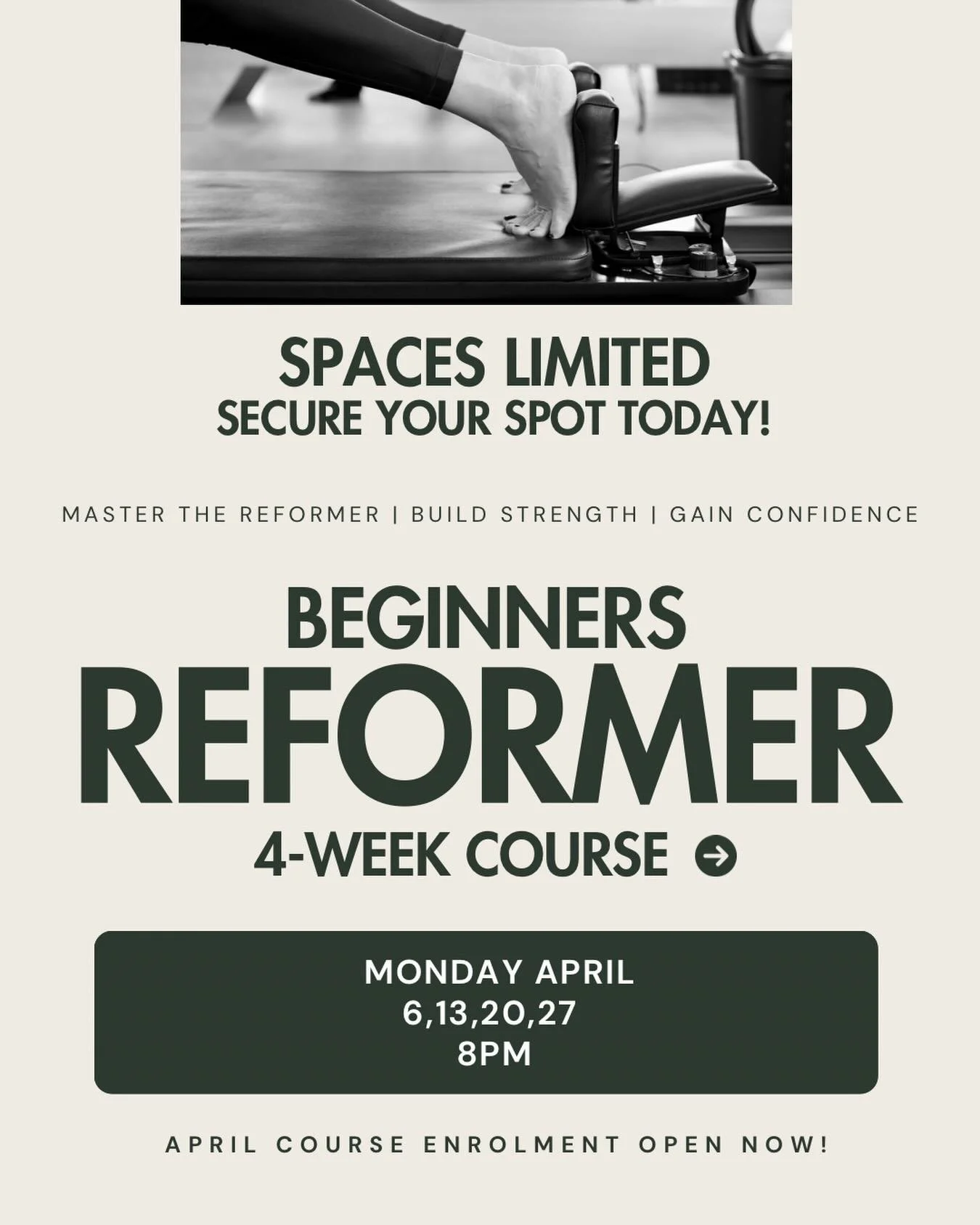BEGINNER REFORMER &mdash; 4 WEEK COURSE
Starting April at The Loft

New to Reformer Pilates?
Start properly.

Learn the STOTT Pilates foundations, understand your core, and build strength and confidence on the reformer in a small supportive group.

✔