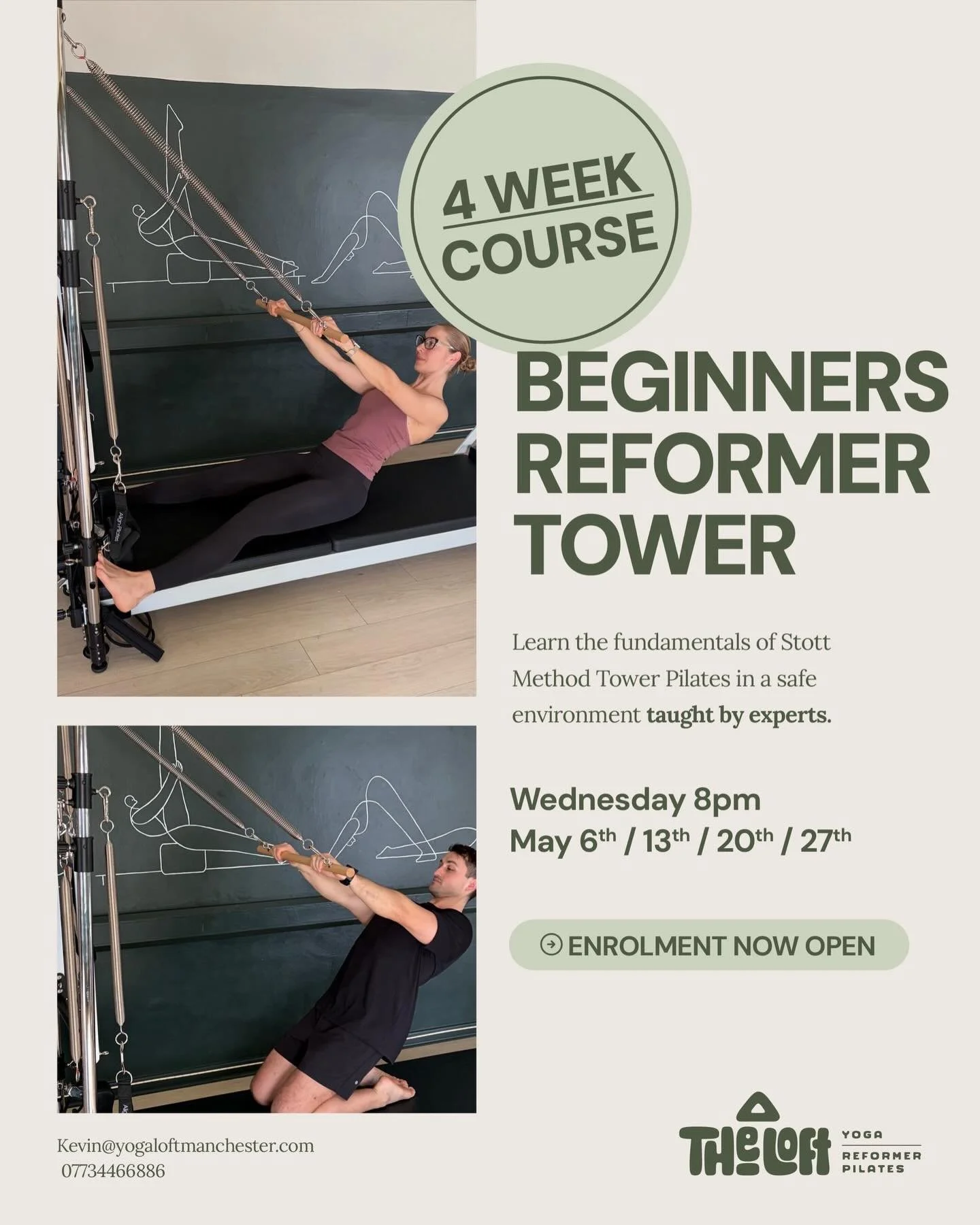 Beginner Tower &ndash; 4 spots left

New to Tower? Start here.

Built on the STOTT Pilates method &mdash; slower, controlled, and properly taught. The springs support, challenge, and help you move better.

Starts May.

Book your spot.

#TheLoftPilate