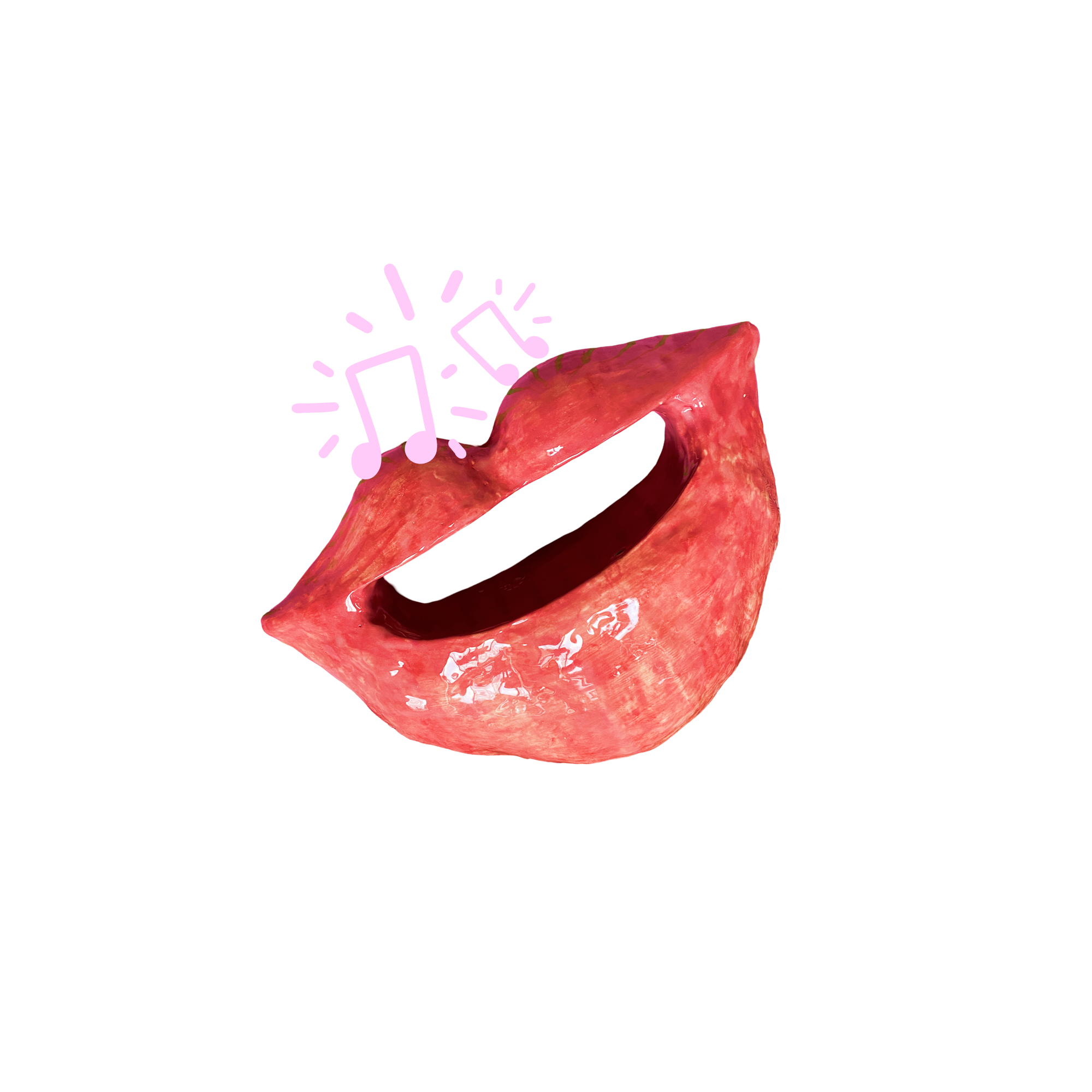 Rød keramikskulptur, som forestiller en mund der vipper mod venstre.