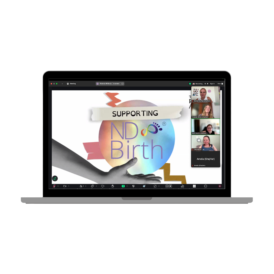 Laptop screen displaying a Zoom meeting with the presentation slide titled "Supporting ND Birth" and five participants visible on the right side of the screen.