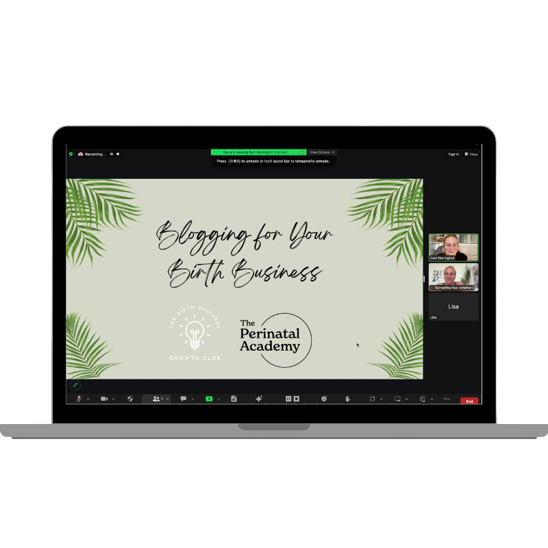 A laptop displaying a virtual meeting for a course titled "Blogging for Your Birth Business" hosted by The Perinatal Academy, with a slide featuring green tropical leaves and event logos, and video feeds of three participants on the right side.