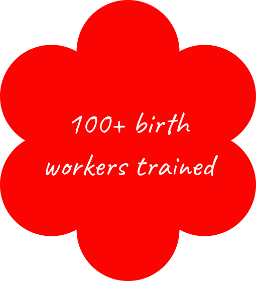 Red flower-shaped badge with white text reading "100+ birth workers trained".