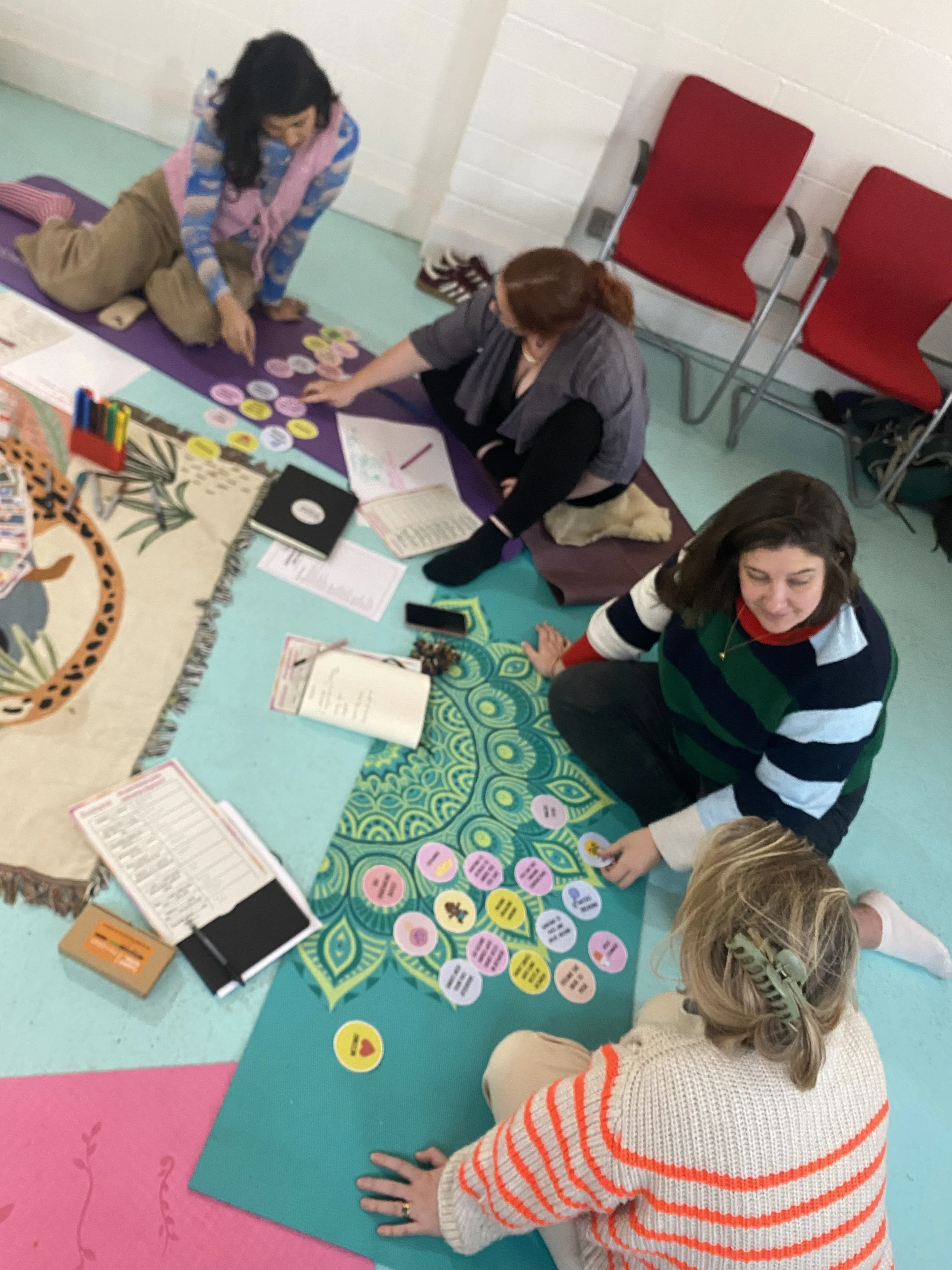 Women sitting on colorful mats engaging in a discussion with various educational materials and sticky notes around them.