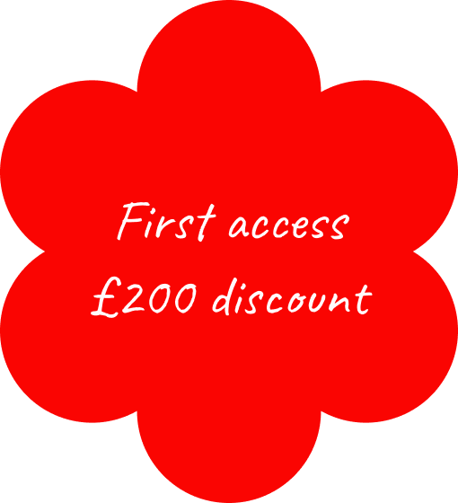 Red flower-shaped sign offering first access with a £200 discount.
