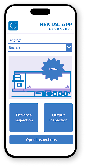 Mobile app interface on a smartphone screen displaying a rental service app with a truck icon. Options include language selection, "Entrance Inspection," "Output Inspection," and "Open Inspections."