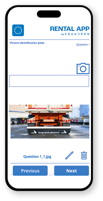 Mobile app interface for a rental application by Squadron featuring truck identification process. Image shows the rear of a trailer with the tagline "long-term pleasure" on the mud flaps.