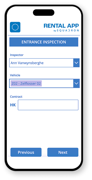Smartphone displaying a rental app for entrance inspection, with fields for inspector name, vehicle selection, and contract input. Options for previous and next steps are at the bottom.
