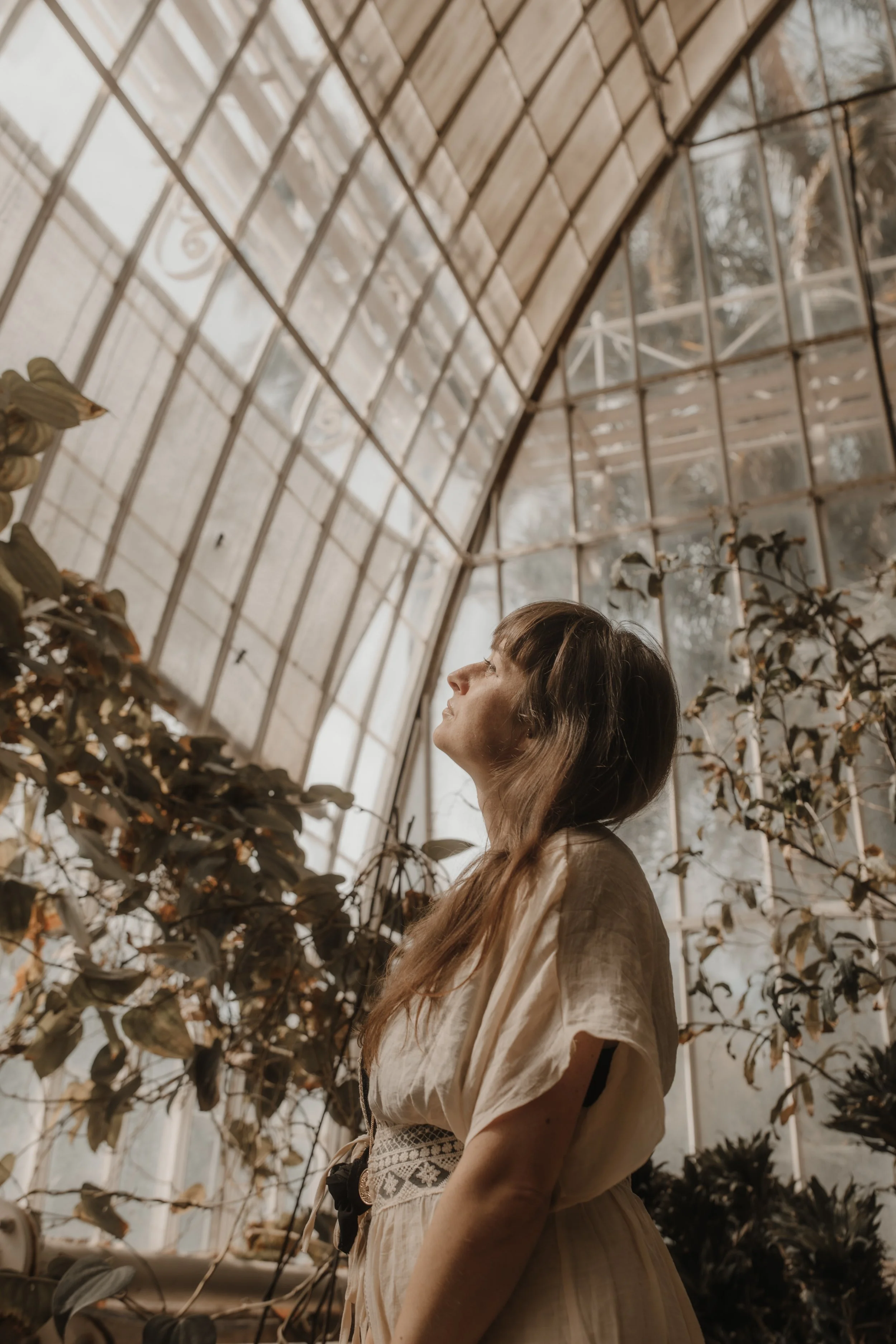 Frau steht in einem Gewächshaus und blickt nach oben, umgeben von Pflanzen und hohen Glasscheiben.